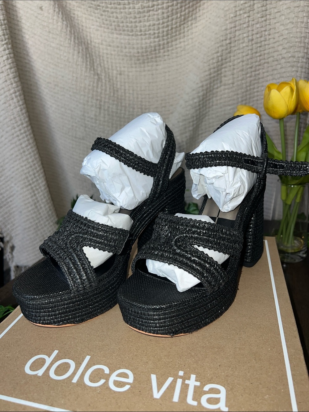 Lacye Onyx Dolce Vita Black Woven Platform Heels with Ankle Strap